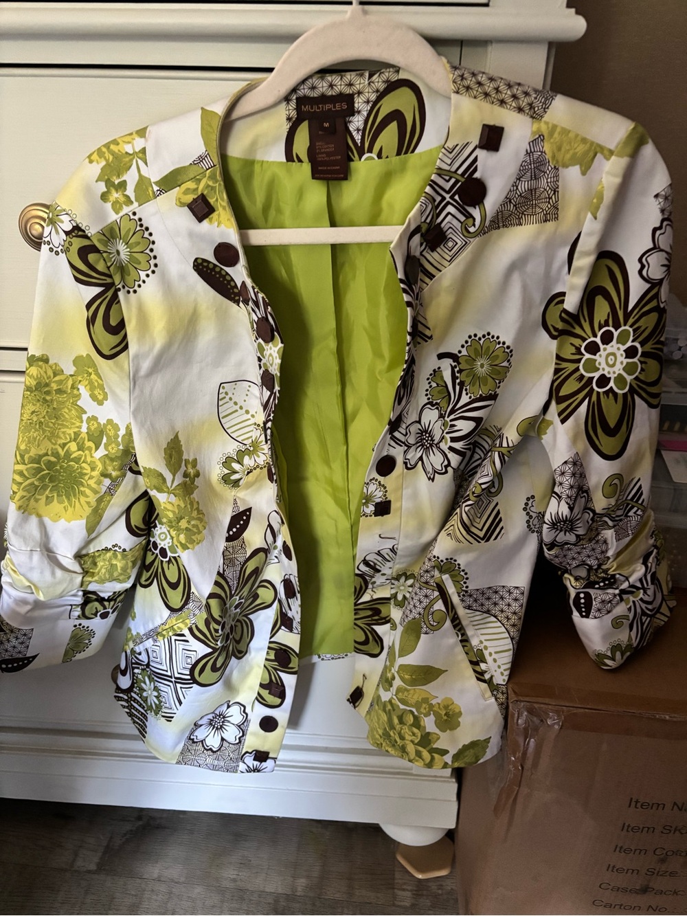 Multiples Lime Green and White Floral Print Cotton-Blend Jacket